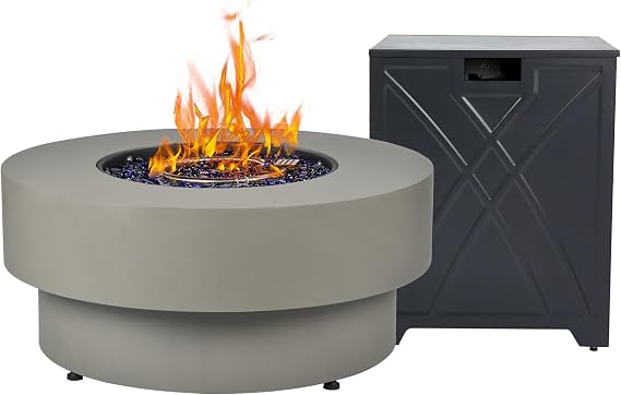 32-inch Outdoor Propane Fire Pit with 20 lb Tank Cover, 50,000 BTU Propane Fire Pits for Outside Patio w/Round Burner Lid, Glass Rocks, Pre-Attached 10ft External Hose