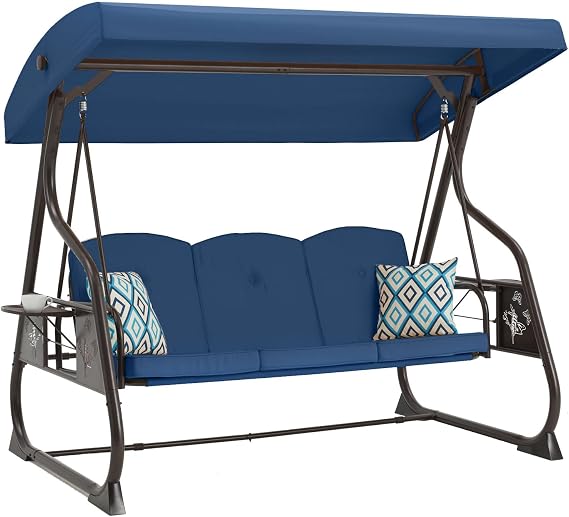 ZZW 3-Seat Patio Porch Swing 800LBS Outdoor Swing with Stand w/Canopy & Adjustable Backrest Patio Glider Chair w/Removable Pillows & Foldable Side Tray for Balcony Garden Deck (Blue)