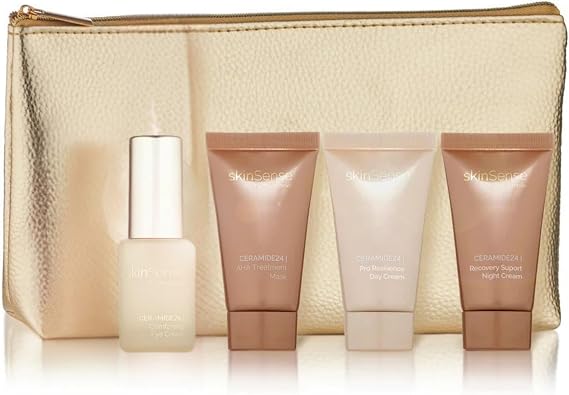 SkinSense Ceramide24 4PC Discovery Collection with Gold Bag, Ceramide Skin Barrier Repair Kit, SkinSense Gift Set, Skincare Travel Mini's