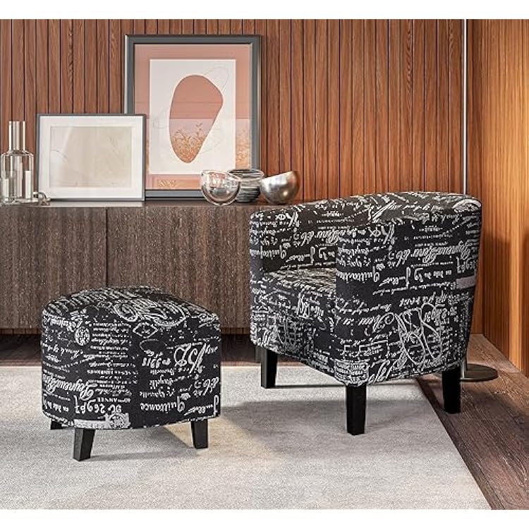BELLEZE Accent Chair with Ottoman Set, Modern Upholstered Curved Back Chair, Barrel Round Tub Reading Chair and Footrest for Living Room Bedroom - Black French PatternLinen