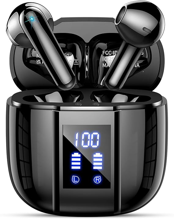 Qecnato Wireless Earbuds, Bluetooth 5.4 Headphones, LED Display Earphones with Mic, IP7 Waterproof in Earbud, Comfort Fit, Bluetooth Earbuds for Phone Android iOS, Sport, Walk, Black