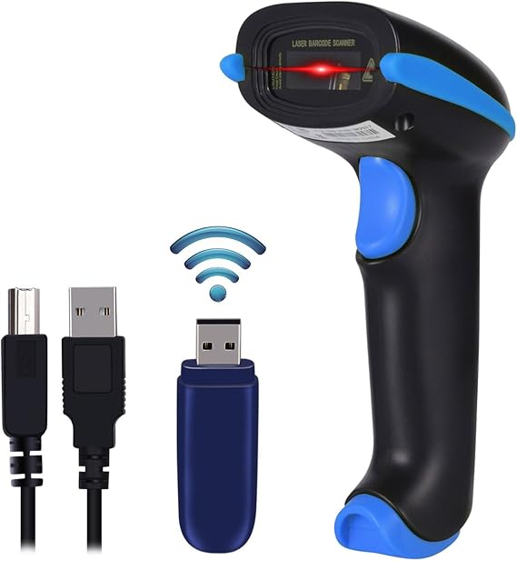WoneNice 2.4G Wireless Barcode Scanner USB Wired Handheld Bar Code Reader | USB Wired 2.4G Wireless Reader for Retail Checkout Warehouse Library School Inventory, 100ft Range, Plug & Play