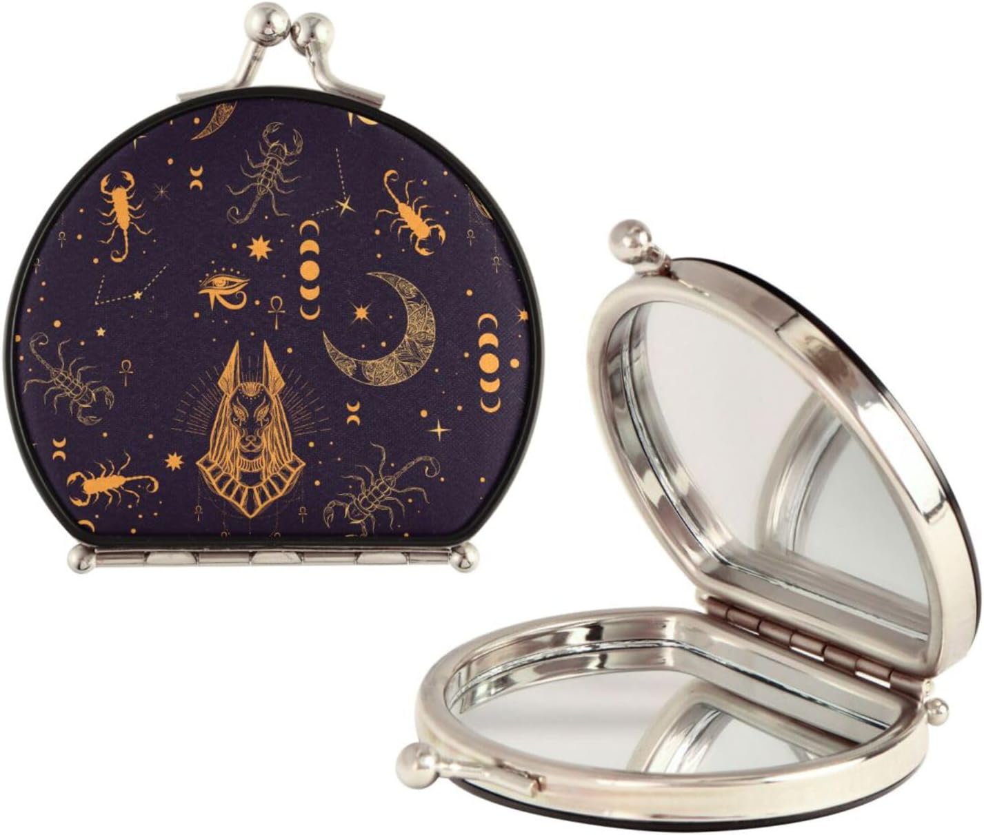 Egyptian Style Anubis Moon Compact Mirror, Mini Travel Makeup Mirror, 2.8L x 3W, 180 Degree, 2-Sided Magnifying, Handheld