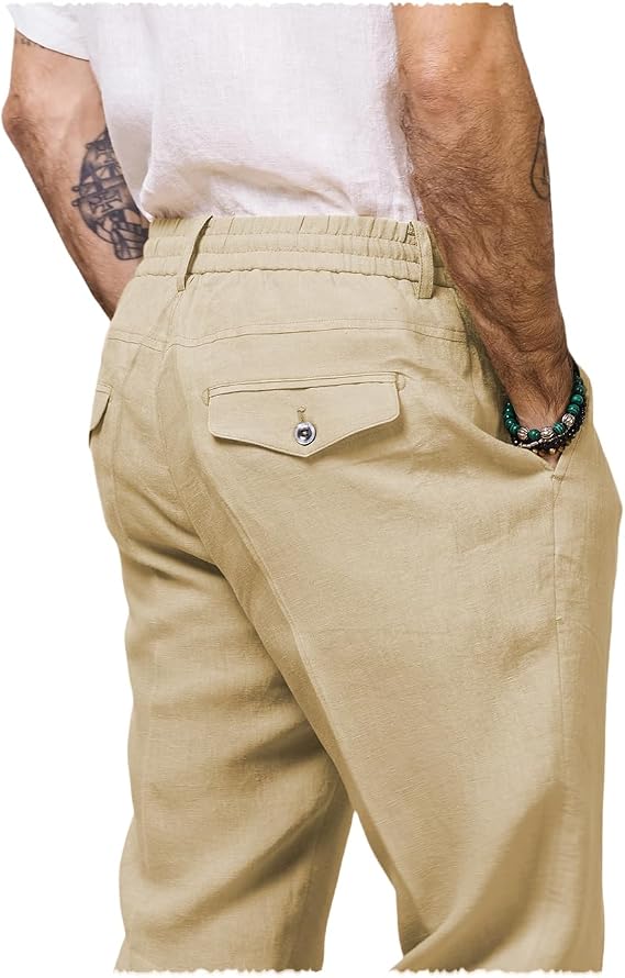 Men's Cotton Linen Pants Summer Drawstring Elastic Waist Vintage Lounge Trouser Lightweight Straight Legs