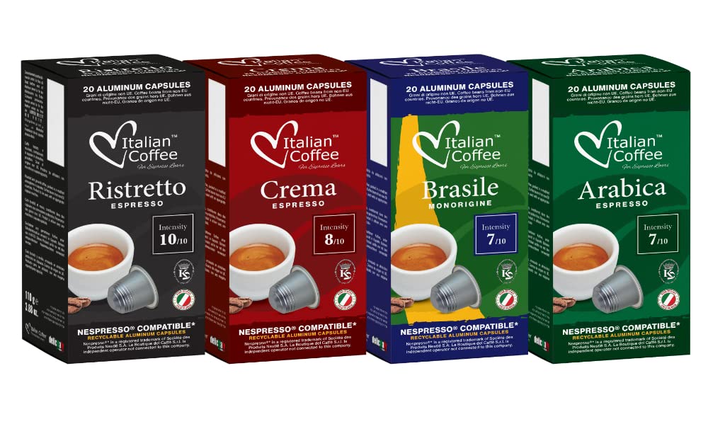 Delicitaly Italian Coffee pods compatible with Nespresso Original machines, Espresso capsules Sampler 4 blends, 80 Aluminum pods, 80 Count pack of1