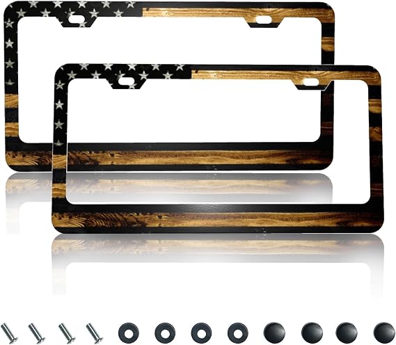 License Plate Frame with 2 Holes - 013 Wood American Flag