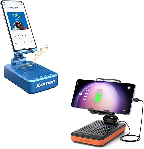JTEMAN Cell Phone Stand with Bluetooth Speaker & Portable Foldable Speaker Stand