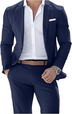 Mens Suits Set 2 Piece Slim Fit One Button Solid Casual Blue Blazer Business Wedding Party Prom Tuxedo Jacket and Pants S