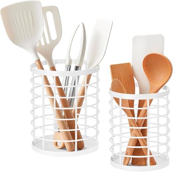 QIWODE Kitchen Utensil Holder Drip Round Cutlery Holder Kitchen Storage Basket for Spoons Spatulas Knives Forks Metal Wire White