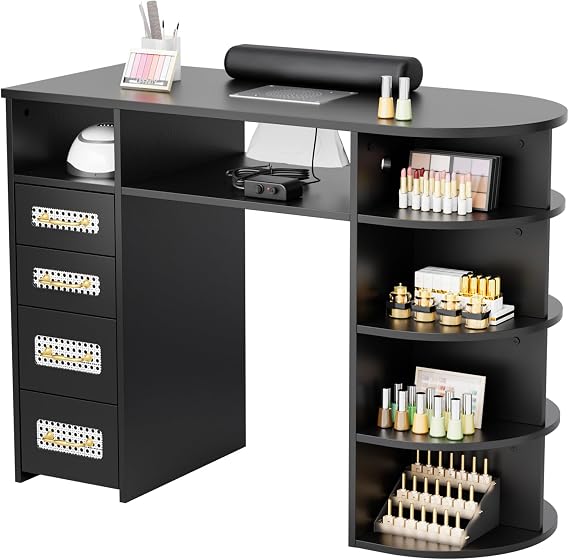 OmySalon Nail Desk for Nail Tech with Electric Dust Collector Rattan Manicure Table, Professional Salon Station with Display Rack, Storage Drawers, Acetone Resistant Surface & Wrist Cushion (Black)