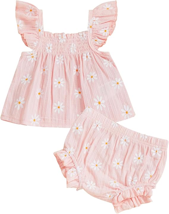 Baby Girl Summer Clothes Smcoked Ruffle Tops Dress Shorts Outfits Set Infant Toddler Shrit Bloomers Princess Outfit