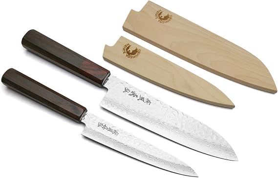 Yoshihiro 46 Layers Hammered Damascus Santoku Multipurpose Knife and Petty Utility Knife Set (Santoku 7'' (180mm) & Petty 6'' (150mm), Rosewood Handle)