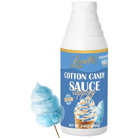 Lovetta Cotton Candy Sauce Bulk 34oz (1L) Bottle Smooth Gourmet Cotton Candy Dessert Drizzle, Sweet Carnival-Style Topping for Crepes, Waffles, Ice Cream, Coffee & Pastries Ready to Use