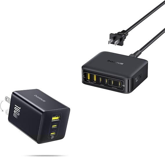 Baseus 100W USB C Charger Block, 3-Port Foldable Compact PPS Wall Charger and Baseus Charging Station 120W, 6-in-1 USB-C PD Fast Charging Desktop Charger