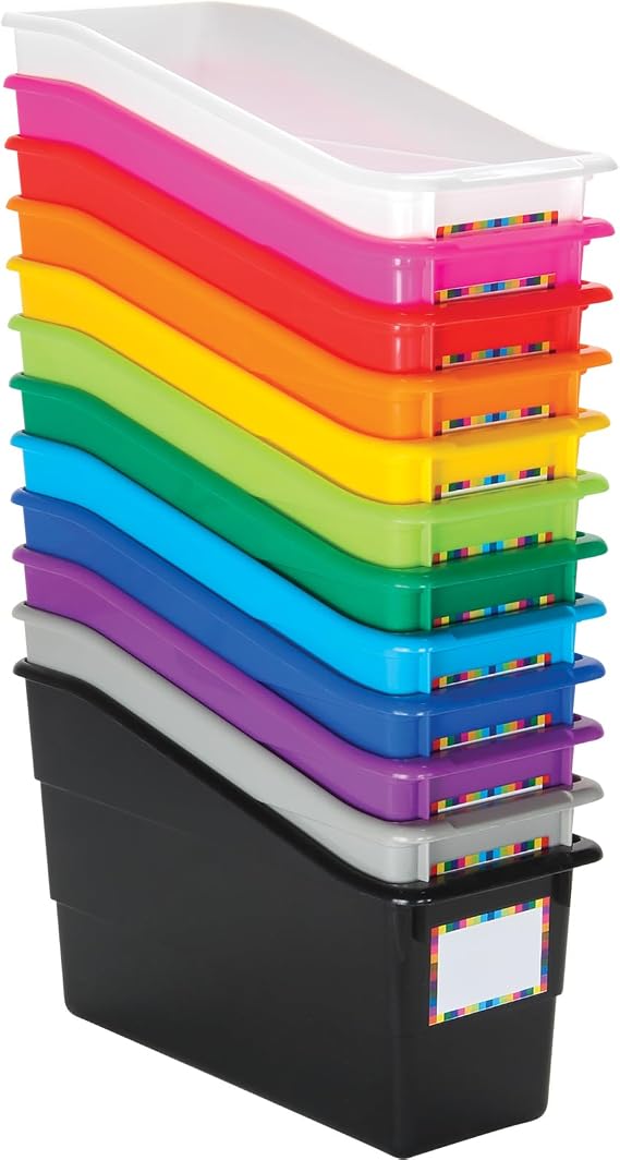 Really Good Stuff Rainbow Organizing Bins, Plastic Book Holders - 12-Pack