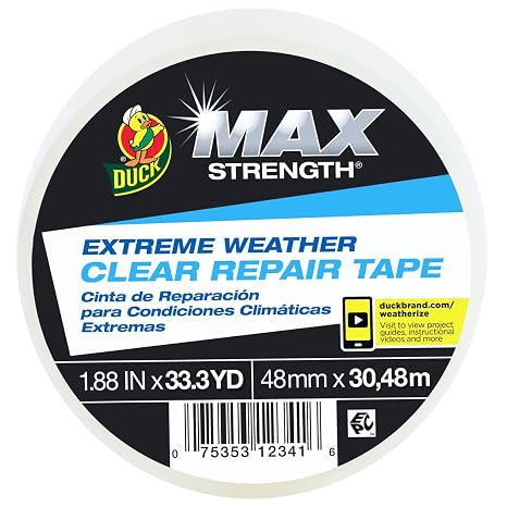 Duck Brand All Weather Indoor/Outdoor Repair Tape, Weatherproofing, Clear & UV Resistant, 1.88-Inch x 33.3-Yards, Single Roll, 281230