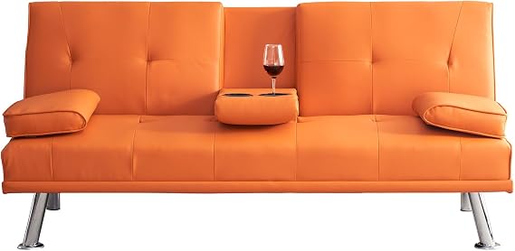 Faux Leather Convertible Folding Futon Sofa Bed with 2 Cup Holders, Sleeper Couch Bed with Removable Armrests, Metal Legs, Upholstered Loveseat for Living Room, Apartment, Dorm, Office (Orange)