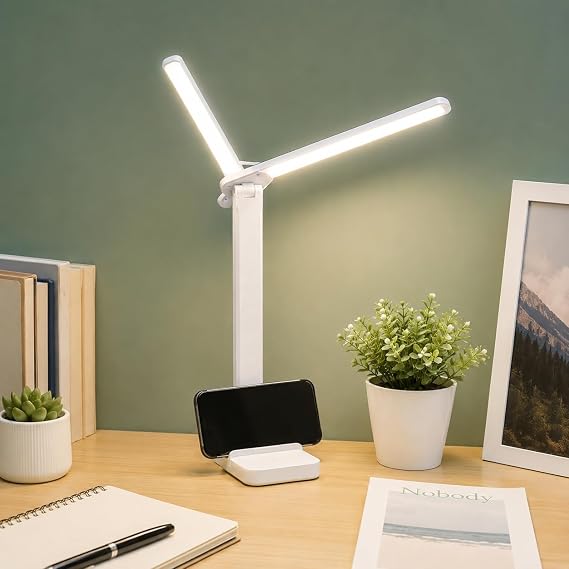 ROBEVE Şarjlı LED Masa Lambası – Çift Işık Barı, 3 Renk Modu, Dokunmatik Kontrollü, Katlanabilir ve Telefon Standlı Masa Lambası [Enerji Sınıfı A+++]