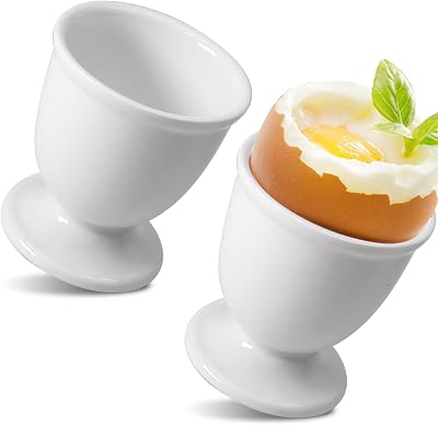 Ceramic Egg Cups Set of 2, White Porcelain Holder Egg Holder for Boiled Eggs Breakfast Cooking KitchenGift Childhood Memories