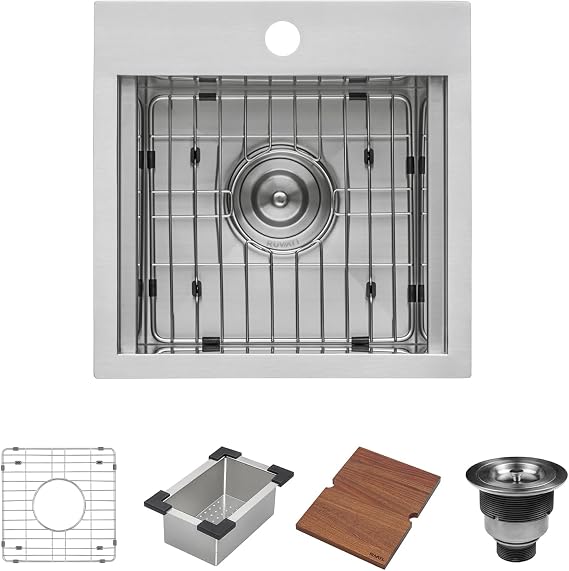 Ruvati 15 x 15 inch Workstation Drop-in Topmount Bar Prep RV Sink 16 Gauge Stainless Steel - RVH8215