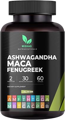Mishas Nutraceuticals Ashwagandha, Maca Root, Fenugreek Supplement with Ginseng Supports Stress Relief, Mood Balance & Thyroid Health 60 Capsules