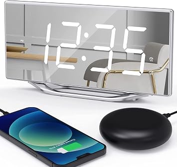 ROCAM Alarm Clocks for Heavy Sleepers - Vibrating Alarm clcok with Bed Shaker, Large Display Modern Mirror Clock for Bedrooms Kids Deaf Hearing Impaired Dual Alarms