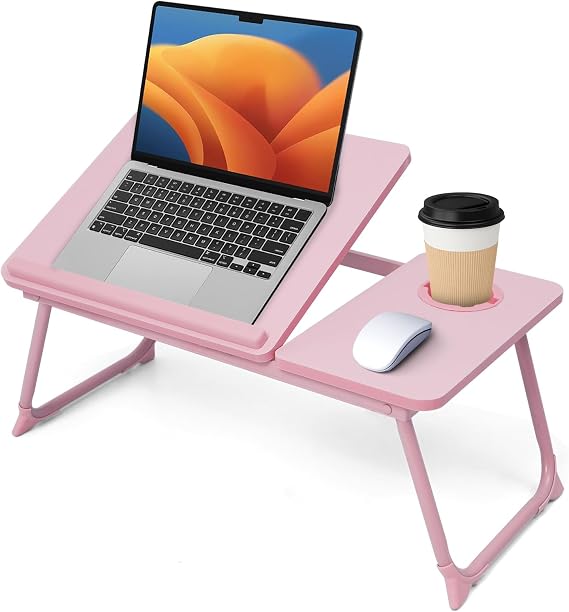 Laptop Desk for Bed Couch,Adjustable Bed Laptop Table with Foldable Legs and Cup Holder,Laptop Stand for Bed,Bed Desk for Laptop,Portable Lap Desk Bed Tray Table for Laptop and Writing Eating,Pink