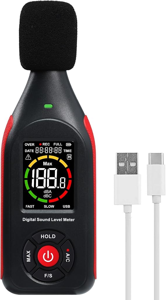 Decibel Meter Sound Level Data Logger, Portable SPL Meter Noise Monitor with Data Logging & Graph Printing, A/C Weighted, Fast/Slow, MAX, Data Hold, 3-Color Alarm dB Meter for Noisy Neighbor Factory