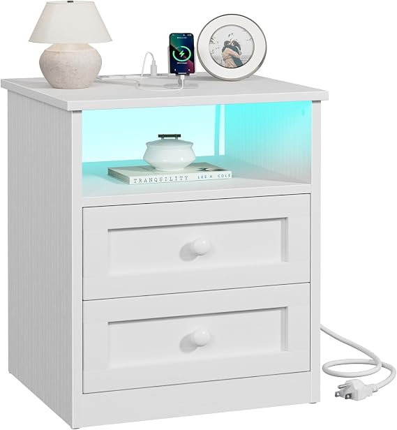 White Wooden Nightstand with Charging Station - Framhous Led Night Stand with 2 Drawers Modern Bedside Table for Bedroom Wood End Table with Lights and Storage