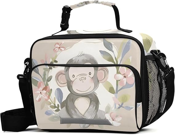 Monkey Pink Flower Lunch Box for Boys Girls Insulated Lunch Bag Kids Cooler Tote Shoulder Strap Reusable School Picnic Travel Office