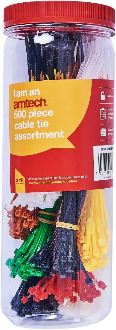 Amtech 500 pc Assorted Cable Ties, Self-Locking Nylon in Multiple Colours, 100 mm 150 mm 200 mm, Supplied in Storage Tube