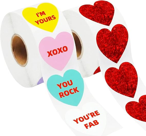 1000PCS Valentines Heart Stickers for Kids, 1.5" Valentines Day Stickers Love Decorations Accessories Labels for Anniversaries Wedding Crafts Classrooms Decorations Valentines Cards 2 Rolls