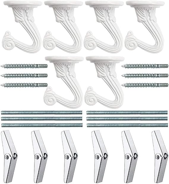 6 Sets Ceiling Hooks White Heavy Duty Swag Hook Screws Bolts | Steel Fasteners Toggle Wings, Hanging Plants Baskets Lights Installation, Cavity Wall Fixing Hardware, Overhead Mounts