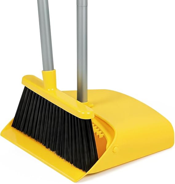 Stand Up Dustpan and Broom Set 50 Long Handle Broom with Dust Pan, with Self Cleaning Combe for Ergonomic Home Office Classroom Indoor Sweeping