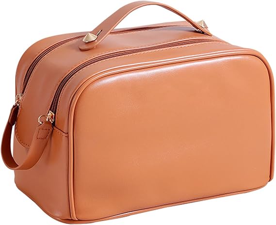 Double Zipper Makeup Bag Waterproof PU Leather Large Capacity Multifunction Portable Large Travel Cosmetic Bag Brown Make Up Cosmetic Nail Makeup Brush Bag