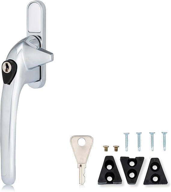 XFORT Locking Cockspur Window Handle Installation Kit in Polished Chrome, Left Hand UPVC Window Handle Replacement, Lockable Window Lever