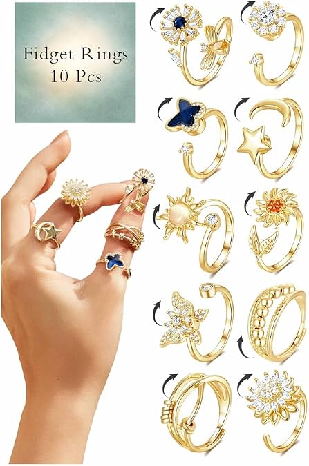 10Pcs Fidget Anxiety Rings for Women Adjustable Spinner Ring Gifts for People With Anxiety Moon Sun Butterfly Galaxy Daisy Flower CZ Stress Relief Calm Rings Jewelry 14K GoldSilverRose Gold Plated