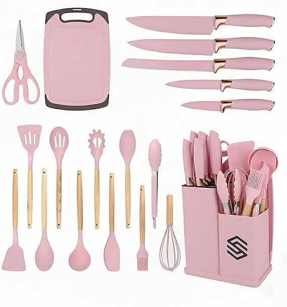 19 PCS Pink Silicone Cooking Utensils Set with Wooden Handle & Knife Set Block, Heat-Resistant Spatula, Spoon, Ladle, Whisk with Holder BPA Free, Silicone Kitchen Utensil Set for Cooking & Baking