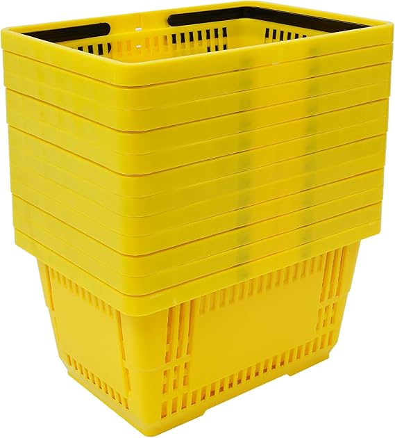12PCS Yellow Plastic Shopping Baskets with Handles, Portable Retail Baskets Grocery Basket,18L Hand Shopping Basket Set for Stores, Supermarket, Retail, Groceries Carrying