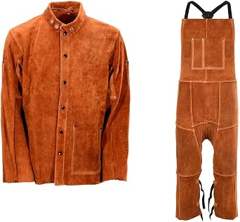 QeeLink Leather Welding Work Jacket with Split Leg Apron Flame-Resistant Heavy Duty Split Cowhide Leather Welder Jackets with Welding Apron for Men & Women, Medium