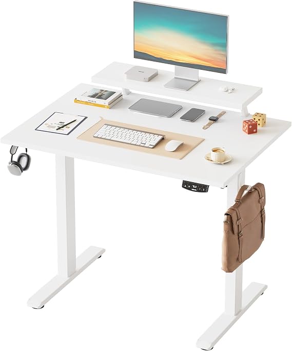 Klicelor Electric Height-Adjustable Desk with Movable Monitor Stand, 100 x 60 cm Sit-Stand Desk with 2 Memory Buttons and 2-Piece Table Top, Computer Desks, White