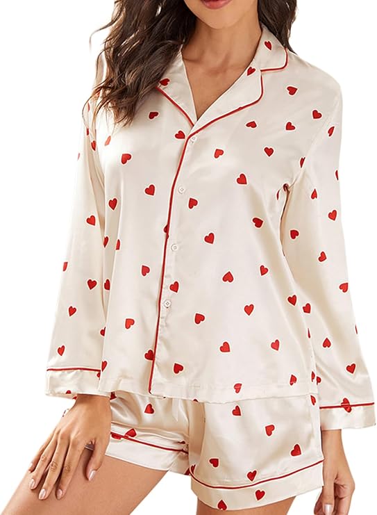 Yiulangde Womens Bow Tie Pajamas Shorts Holiday Pjs Set Long Sleeve Button Up Shirt Ruffle Shorts 2 Piece Sleepwear Jammies