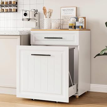 ZIFTY Double Pull Out Trash Can Cabinet for 210 Gallon Bins, Pet Proof Hidden Trash Bin Cabinet with Drawer, Freestanding Wooden Garbage Recycling & Laundry Hamper for Kitchen, Laundry, Living Room