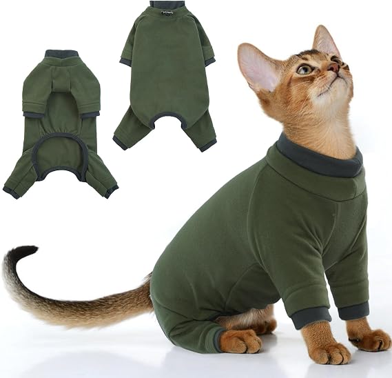 Pumyporeity スティッキーヘア 猫服、紛失防止パジャマ、猫専用ソフトセーター、ワンジー、手術後の回復スーツ、グリーン、m