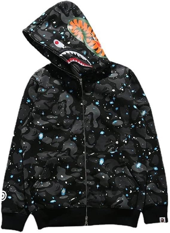 Men's Shark Mouth Fashion Hooded Sweatshirt Zipper Long Sleeve Hip Hop Street Wear Style Hinges Camouflage