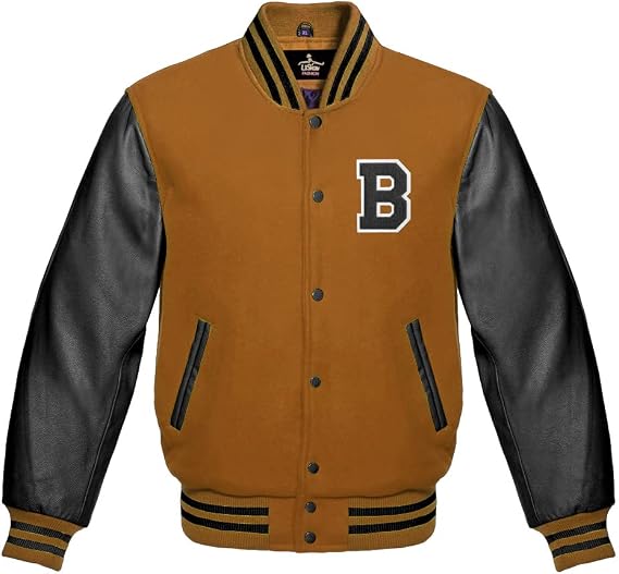 Men's Varsity Baseball Letterman Bomber Tan Brown Wool & Black Genuine Leather Sleeves B Logo Jacket