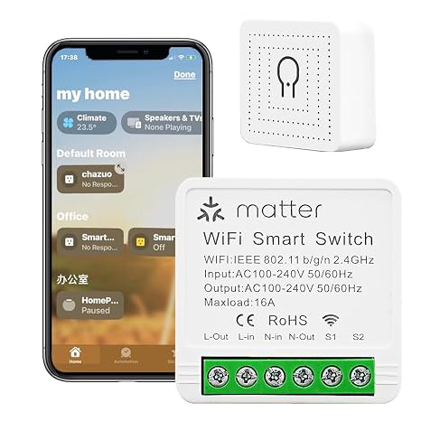 2-Pack Matter Smart Switch 16A Mini WiFi Relay Module,DIY Wireless Light Switch Voice Control with Timer&Schedule for Home Automation,Work with Apple Homekit,Alexa,Google Home,CSA Certified