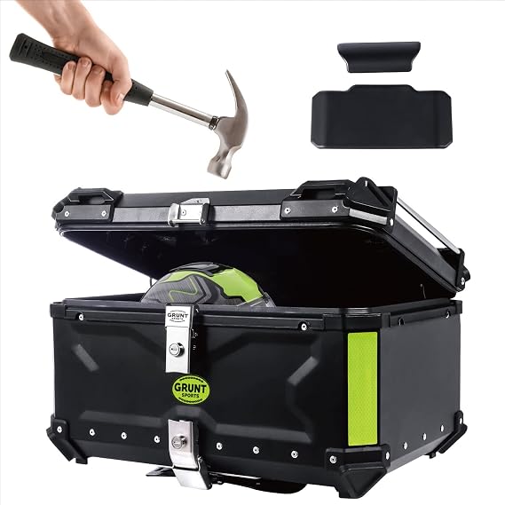 GRUNT SPORTS 45L Motorcycle Tail Box Top Case - Scooter Universal Storage Trunk Waterproof Aluminum Luggage Tour Helmet Box with Security Lock - Includes Back Cushion (Black, 45L)