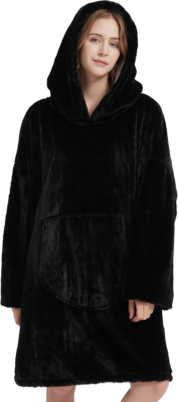 softan Blanket Hoodie, Oversized Wearable Blanket for Adult Women and Men Gifts, Super Cozy Warm and Soft Hooded Blanket Sweatshirt, Black Faux Fur Blanket Sweatshirt with Large Pocket