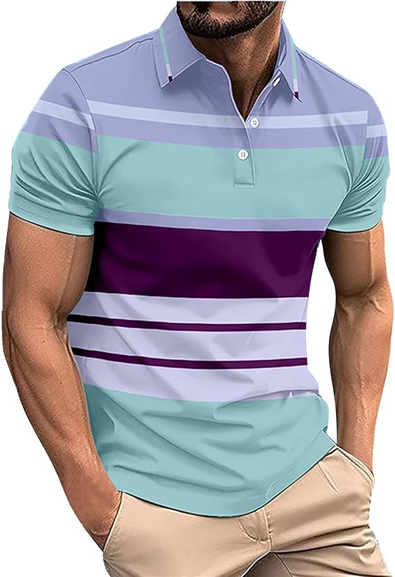 LCMTWX Men's Polo Shirts Fashionable Printed Button Color Blocking Sports T Shirt Slim Fit Tee Shirts for Men Casual